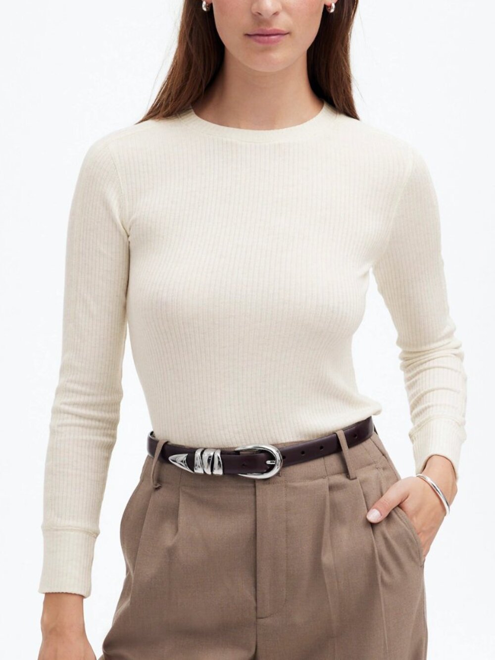 Madewell Ribbed Crewneck Long-Sleeve Lightweight Slim Fit Tee Cream Size S Nwt